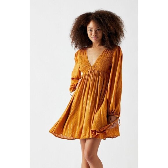 MinkPink Womens Wayward Smocked Mini Dress XS Mustard Yellow Metallic Gold Vneck - Picture 1 of 11